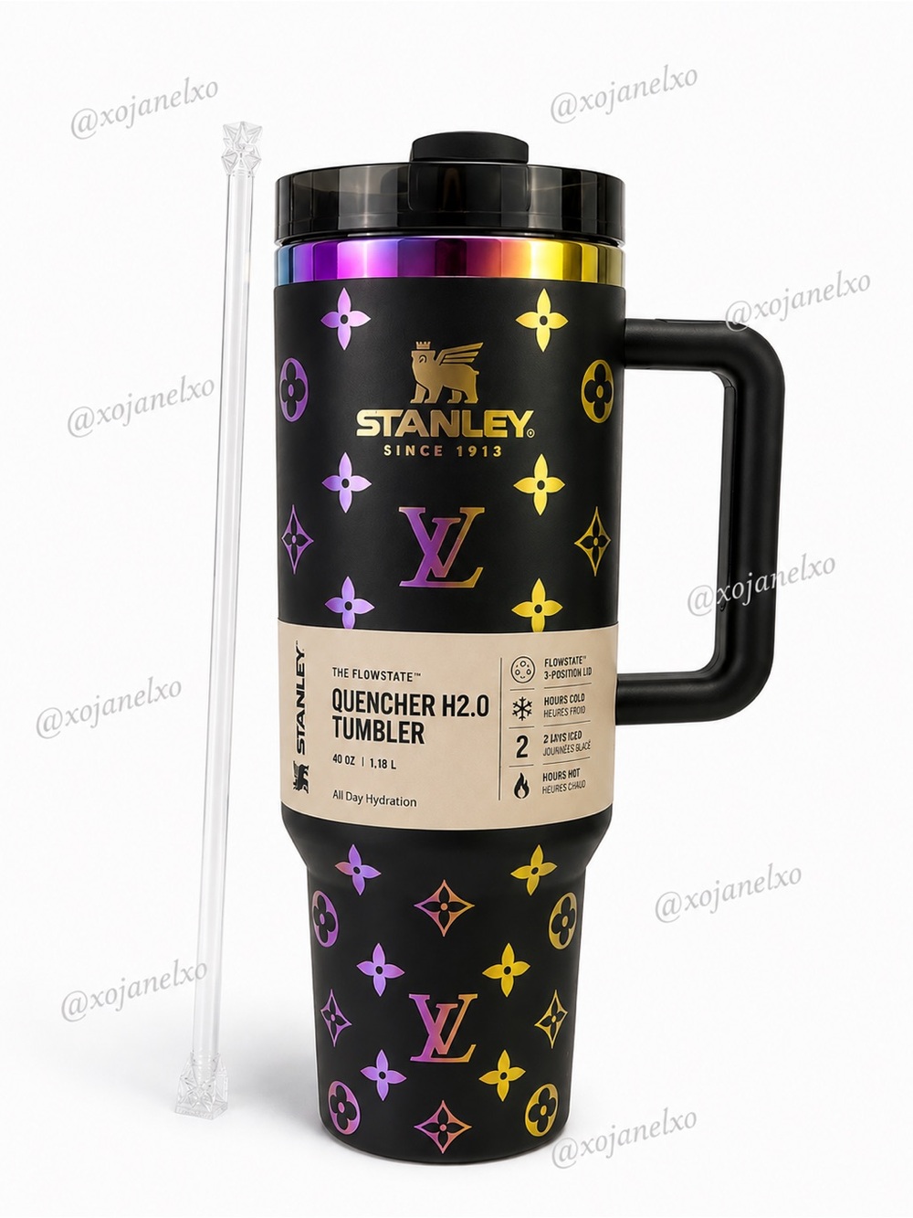Stanley Black Tumbler with Multicolor Iridescent Accents with Handle New